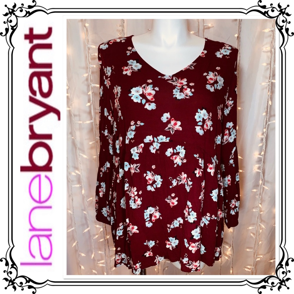 LANE BRYANT ⭐️ Burgundy Floral Tie-Back BabyDoll Blouse